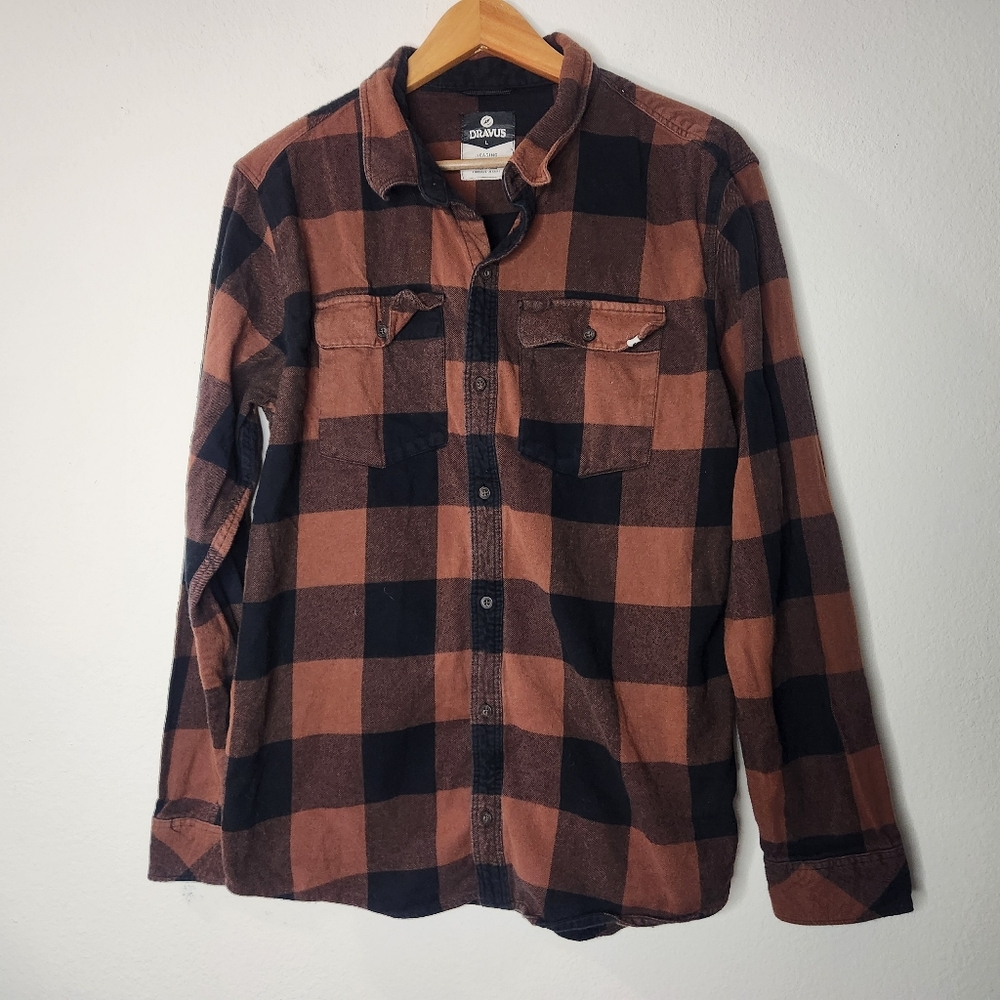 Dravus Mens Large Brown Orange Plaid Check Button Down Shirt Warm